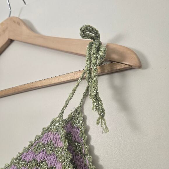 Rose Carmine Crochet Metallic Striped Tank Top Size 1 S M Pastel Handmade Knit - Picture 3 of 8